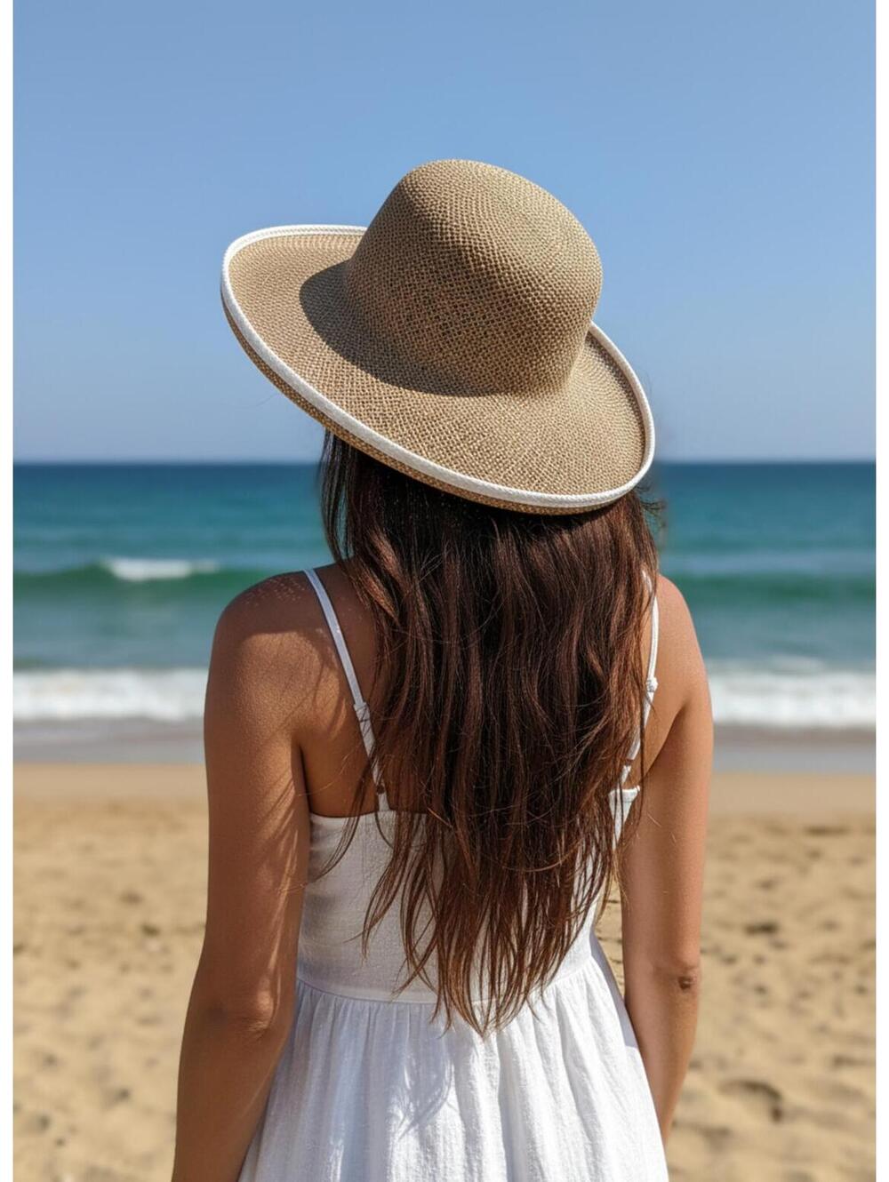 wide-brimmed straw sun hat with white trim summer boho farmers market beach hot